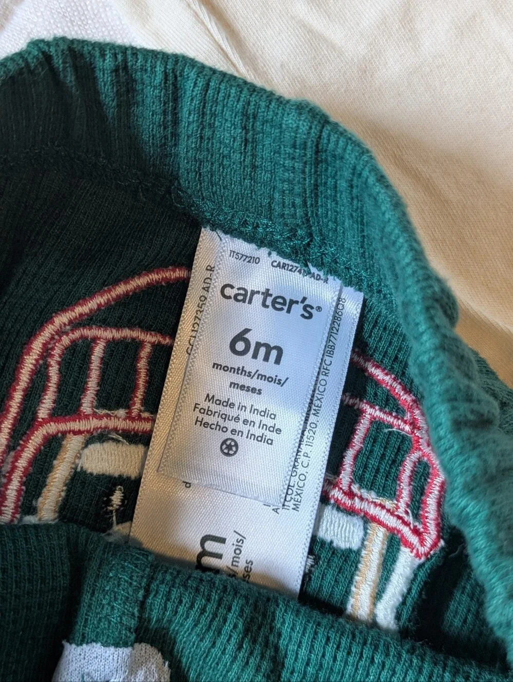 Carter's Green & Cream Holiday Bodysuit with Festive Stitching - First Christmas